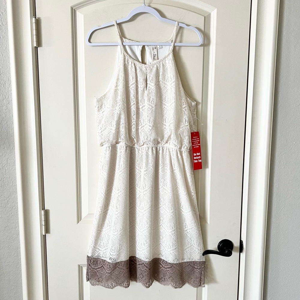 Emma & Michele Ivory White Floral Lace Halter Mini Dress with Taupe Hem Size 12